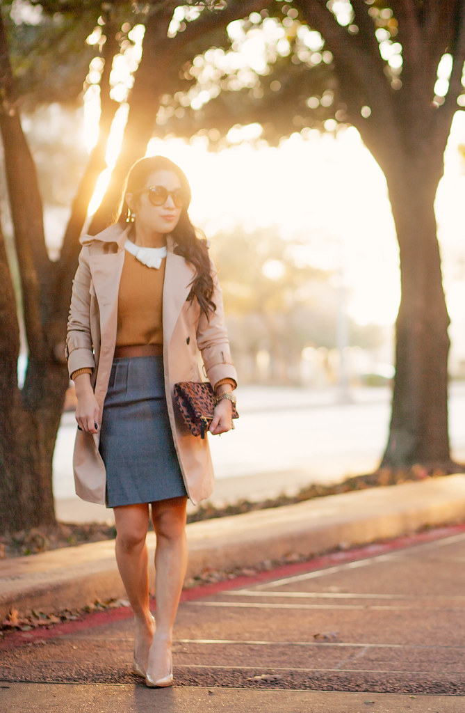 cute & little blog | petite fashion | camel bow sweater, gray pencil skirt, nude pumps, leopard clutch, khaki trench coat | fall winter work outfit