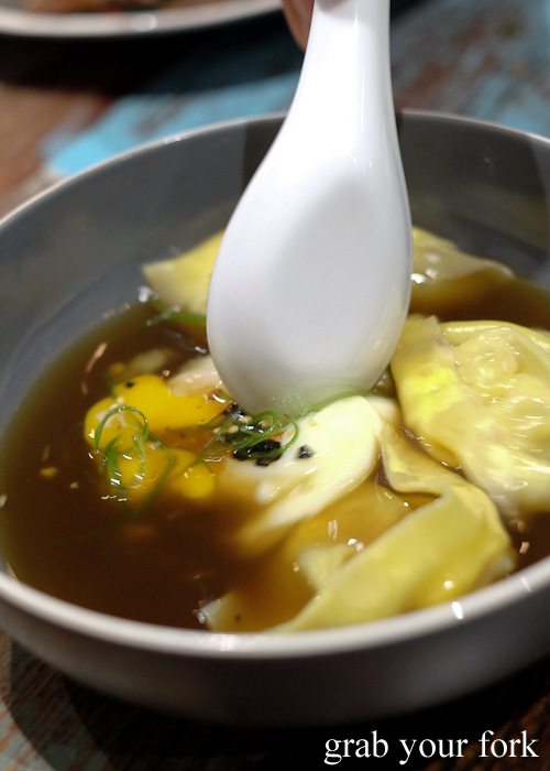 Onsen egg and prawn and corn wonton in ramen broth at Yang and Co Castlecrag