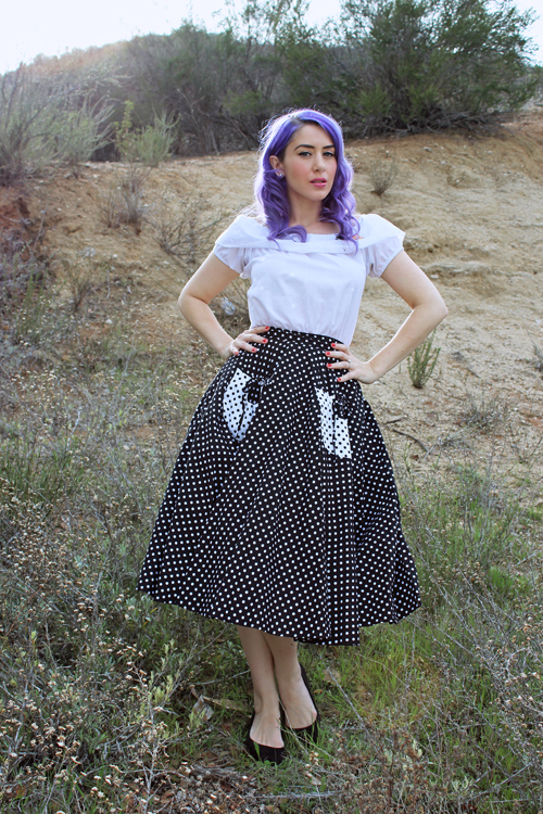 Vivien Of Holloway 1950s Circle Skirt Black White Spot Gypsy Top Classic White with White Embroidered Spots