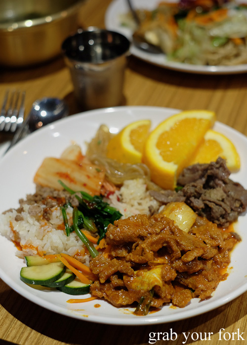 Spicy chilli pork and bibim bap at the all you can eat Korean lunch buffet at The Bab, Haymarket