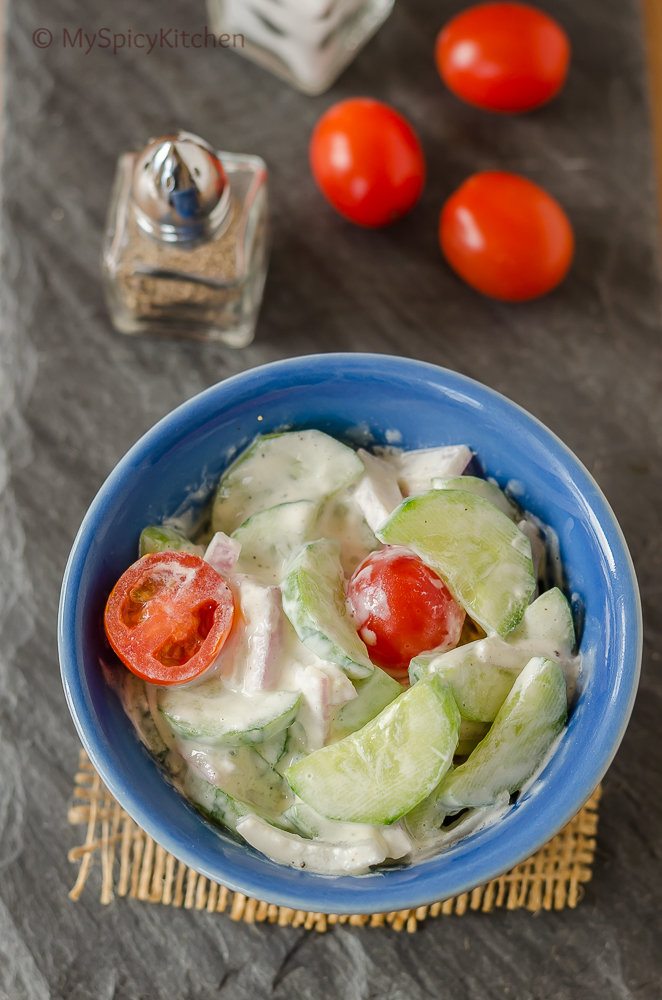 Cucumber Tomato Salad with Sour Cream, Cucumber Tomato Salad, Salad, Summer Salad, Blogging Marathon,  Simple Salad