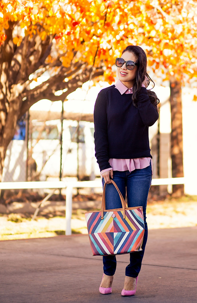 cute & little blog | petite fashion | pink silk shirt, black sweater, j. brand distressed jeans, pink pumps, tory burch kerrington tote | my endless wardrobe review | winter outfit