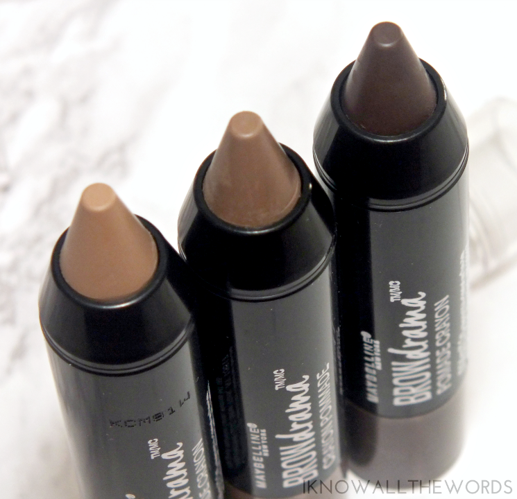 maybelline brow drama pomade crayons blonde, soft brown, and deep brown (2)