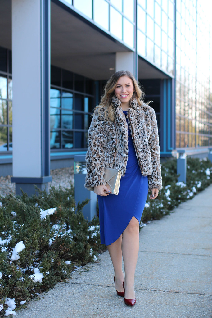 Blue Bodycon Draped Dress | Leopard Faux Fur Coat | Red M. Gemi Pumps | Winter Party Outfit