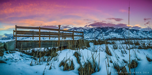 wood bridge winter sunset panorama lake snow cat reeds bay pano great salt trail spencer tails farmington bawden spazoto