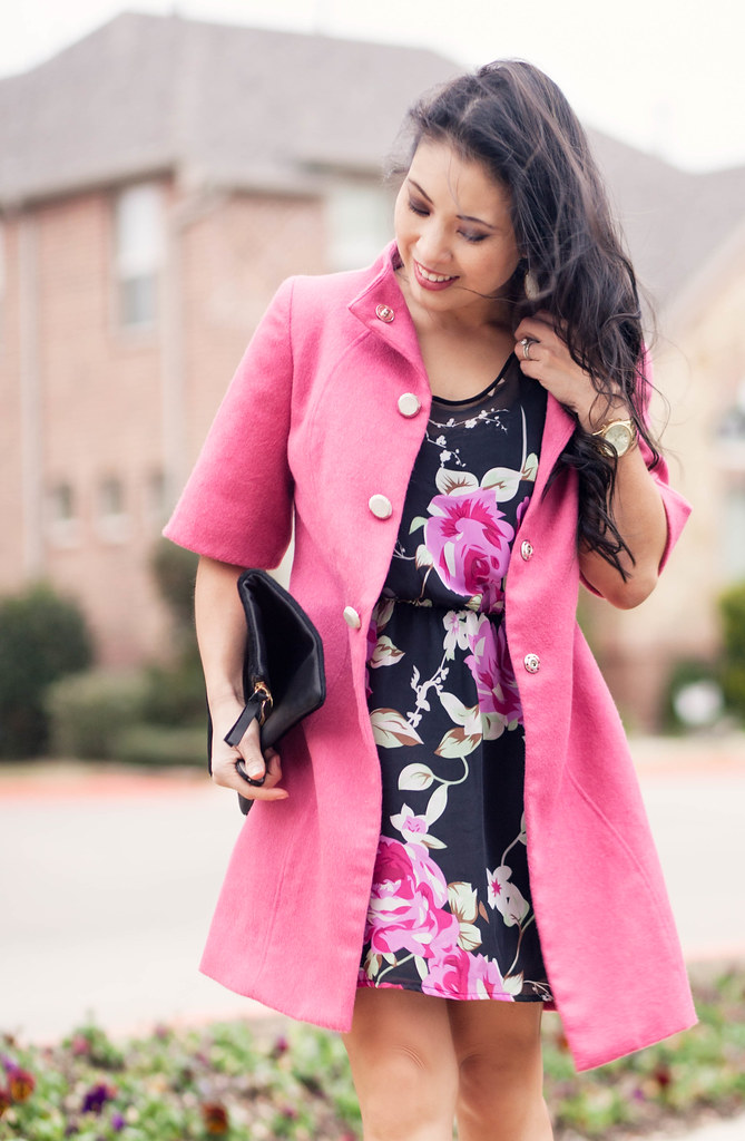 cute & little blog | petite fashion | jean kaori pink coat, black pink floral dress, studded pumps, clare v black clutch outfit