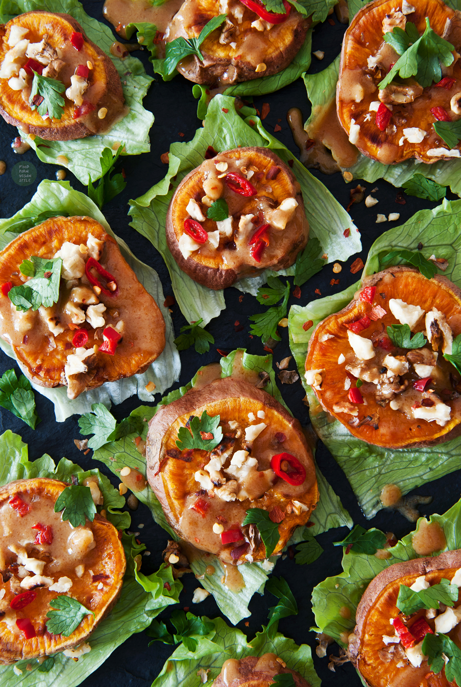 Baked sweet potato canapes with salty miso drizzle and crunchy walnut topping