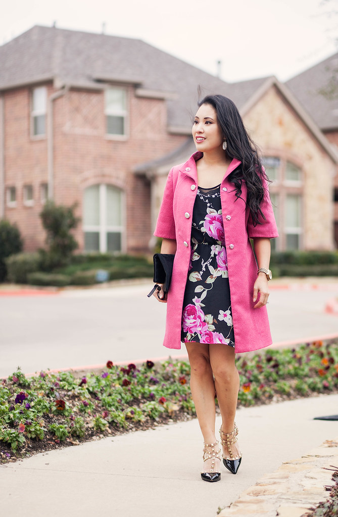 cute & little blog | petite fashion | jean kaori pink coat, black pink floral dress, studded pumps, clare v black clutch outfit