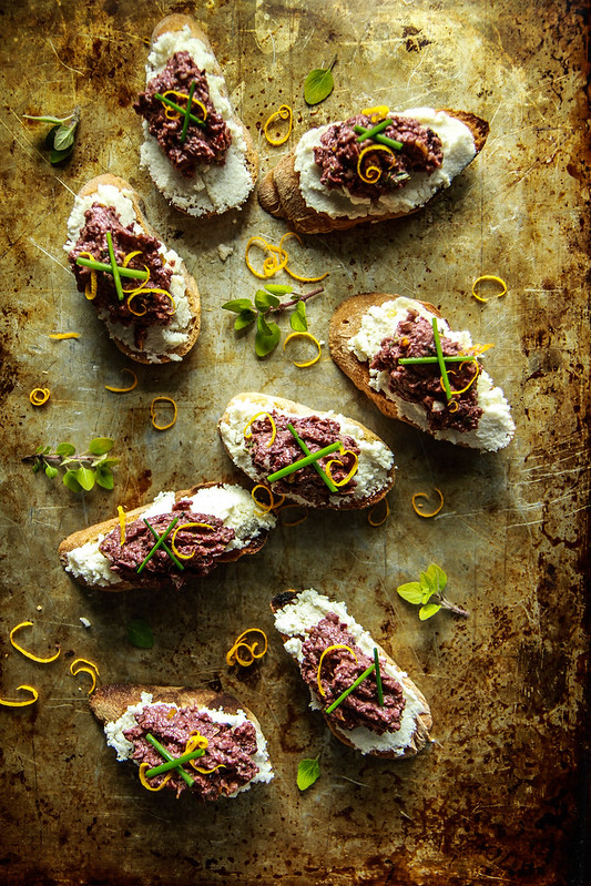 Crostini with Almond Ricotta and Spicy Olive Tapenade- Vegan and GF from HeatherChristo.com