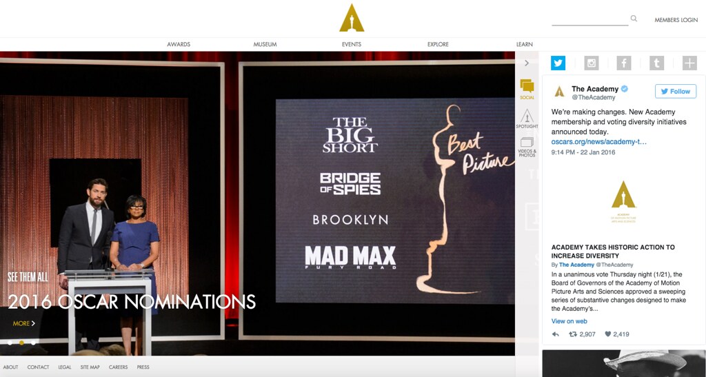 Web de los Oscars - finales de enero 2016