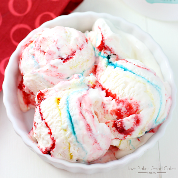 No-Churn Superman Jello Swirl Ice Cream in a white bowl.
