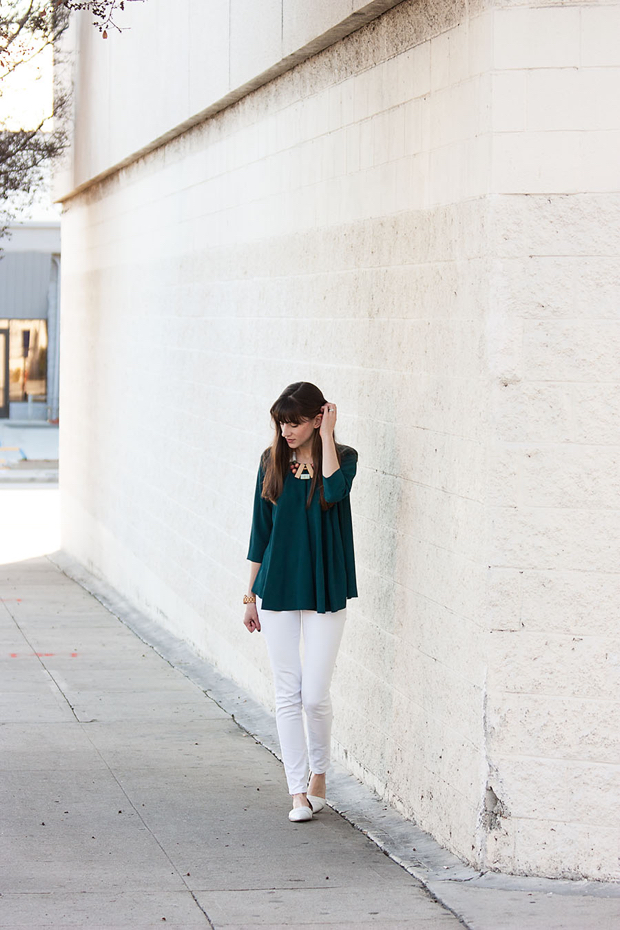 COS Top, Statement Necklace, White Jeans