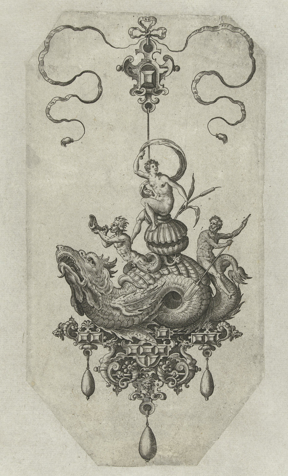 Dragon pendant with a double shell on its back - Adriaen Collaert and Hans Collaert (I) attributed as printmakers, published by Philips Galle, 1582