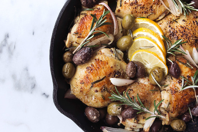 Skillet Roasted Chicken Thighs with Rosemary, Lemon and Olives