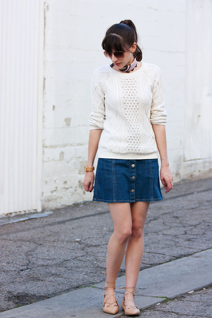 Denim Mini Skirt, Cable Knit Sweater