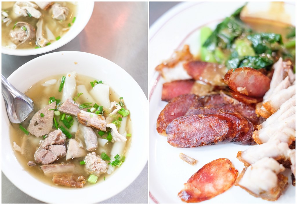曼谷唐人街美食:naiek卷面新鲜有弹性的内脏和切成薄片的叉烧肉(右)