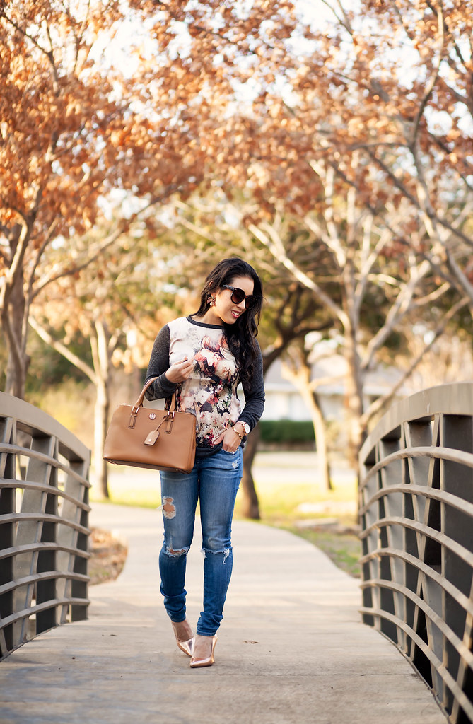 cute & little blog | petite fashion | floral sweatshirt, distressed jeans | winter outfit