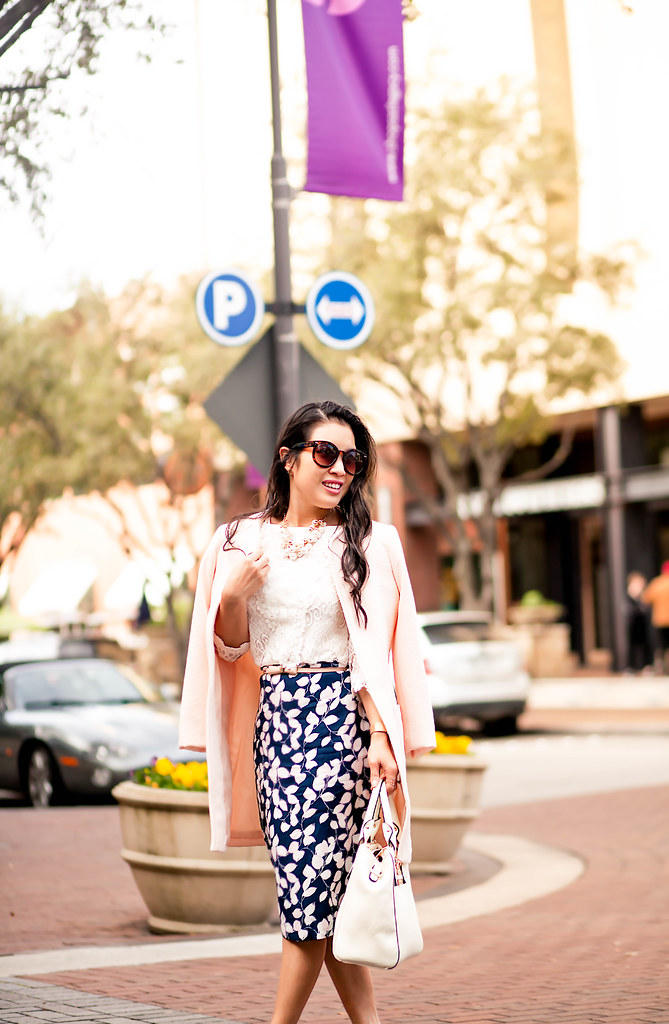 cute & little blog | petite fashion | pink jacket, lace crochet top, navy floral midi skirt, pink suede pumps, pearl cluster necklace | spring outfit