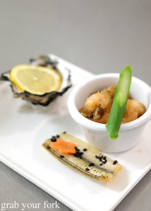 Oyster, garfish and fried prawn appetiser at Sashimi Shinsengumi, Crows Nest