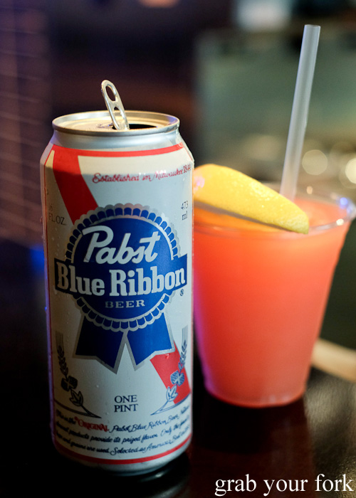 Pabst Blue Ribbon beer and butter grapefruit slushie at Butter, Surry Hills, Sydney