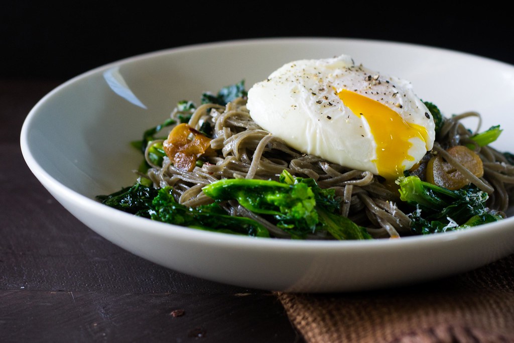 Sepia Pasta with Broccoli Rabe and Poached Egg