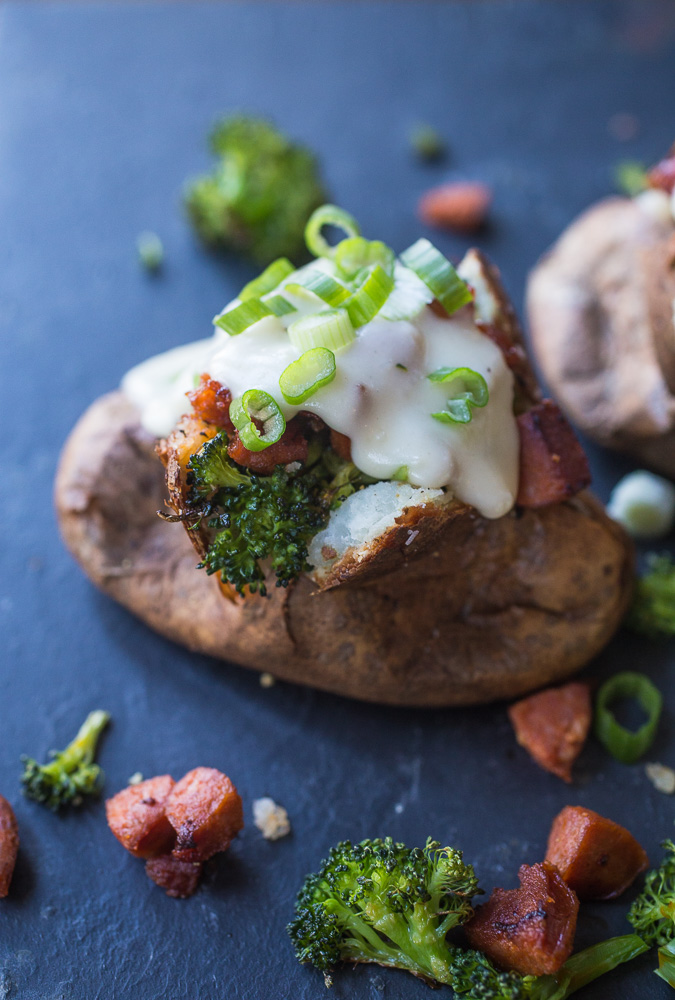 Chorizo Roasted Broccoli Cheddar Overstuffed Baked Potatoes