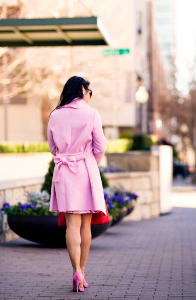 cute & little blog | petite fashion | pink waterfall drape coat, pink floral dress, pink suede pumps, red bag | valentine's day outfit inspiration