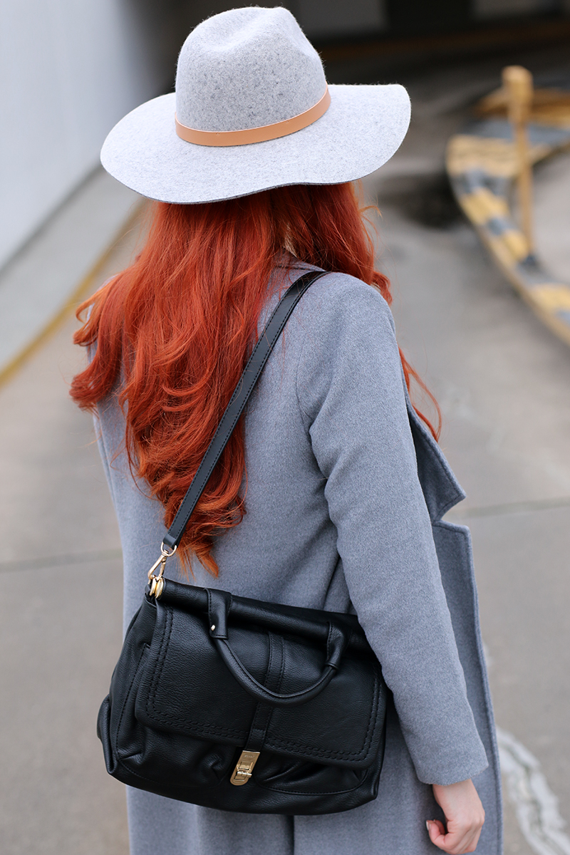All grey outfit with hat and long grey coat
