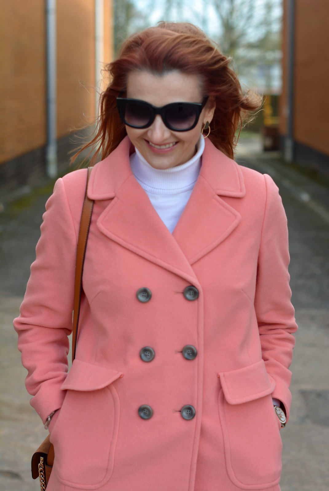 Winter style: Peach coat with white roll neck | Not Dressed As Lamb