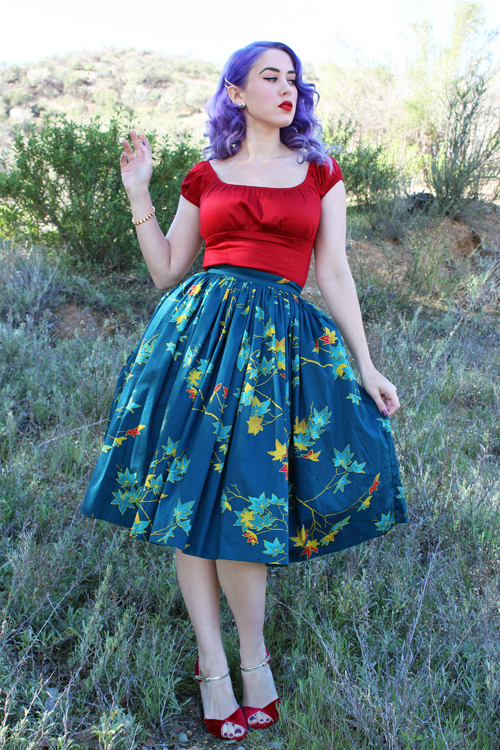 Pinup Girl Clothing Pinup Couture Jenny Skirt in Falling Leaves Print Peasant Top in Red