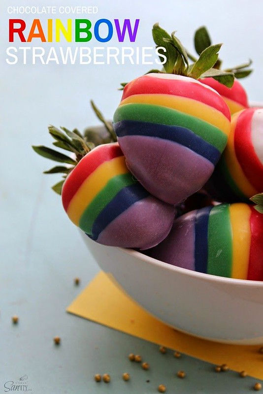 Chocolate Covered Rainbow Strawberries in a bowl.