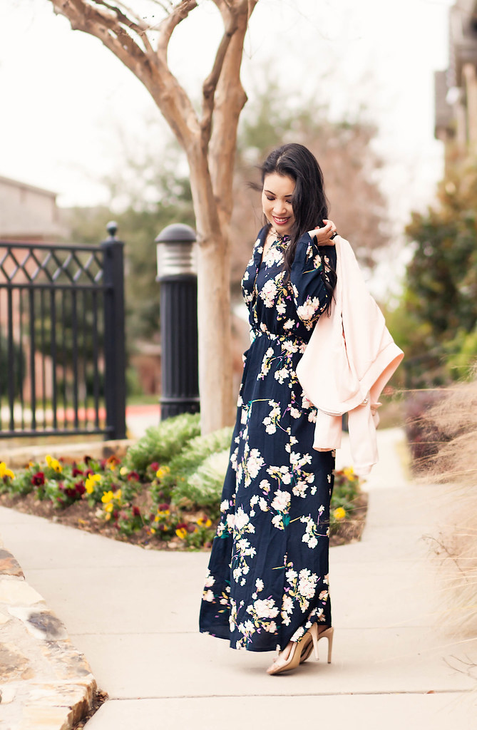 cute & little blog | petite fashion | pink moto jacket, floral maxi, strappy sandals, chloe drew crossody | fall winter dressy outfit