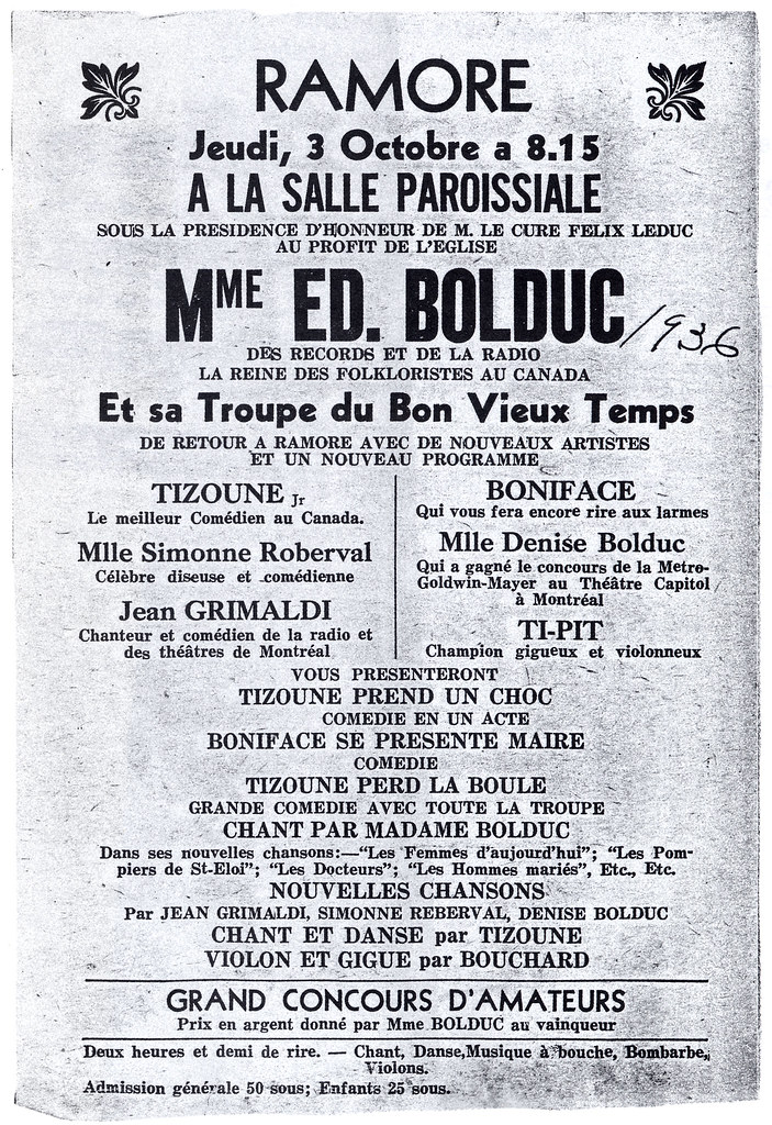 Announcement for a concert by La Bolduc's troupe / Annonce d'un spectacle donné par la troupe de La Bolduc