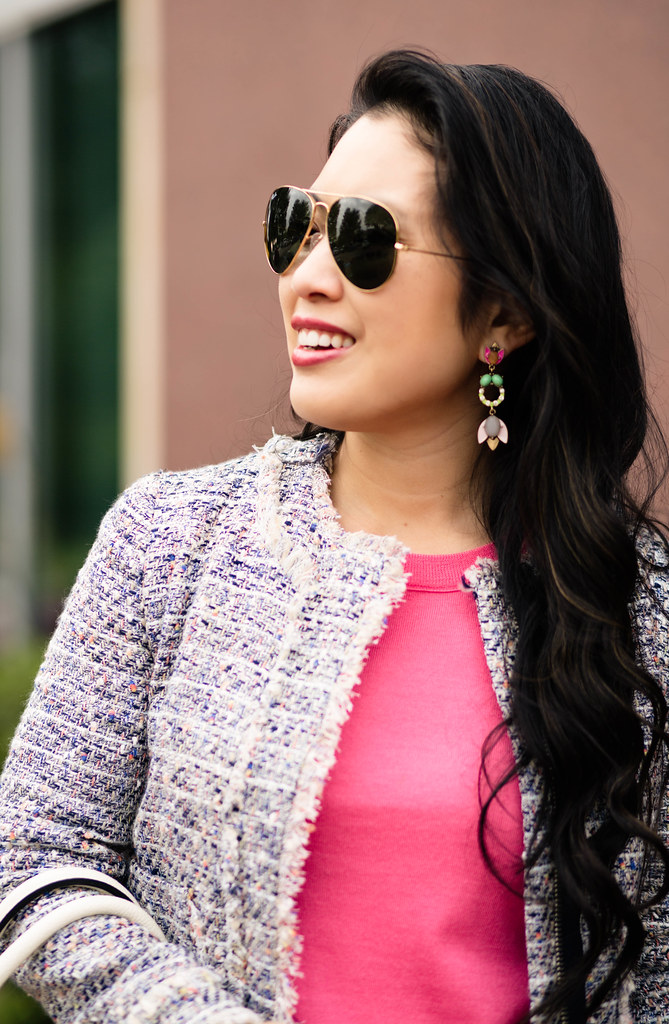 cute & little blog | petite fashion | tweed jacket, pink tippi sweater, distressed jeans, m.gemi coral pumps, statement chandelier earrings, ray ban aviators | spring outfit