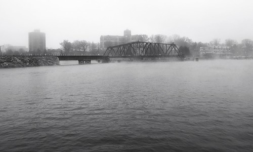 city bridge bw mist apple mobile fog train buildings river spring waves quiet michigan peaceful iphone iphoneography