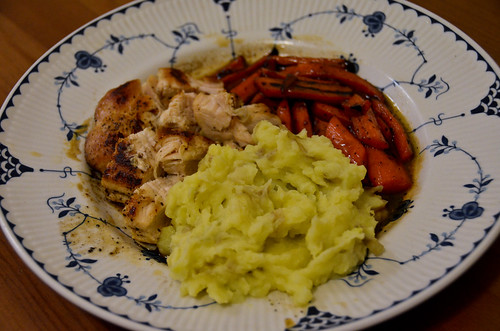 Seared Chicken & Mashed Potatoes with Maple-Glazed Carrots & Pan Sauce