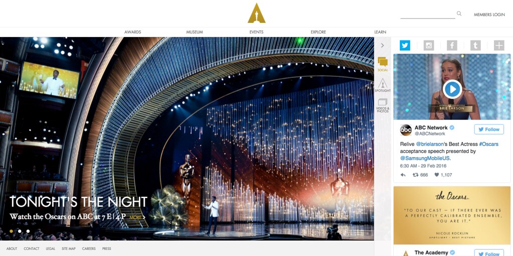 Web de los Oscars el día de la gala