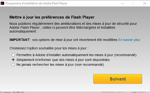 màj Flash Player - ne pas choisir l'otion 'màj automatique'