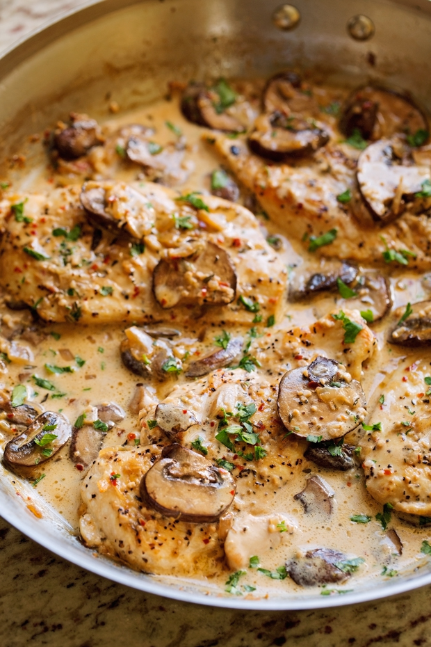 One Skillet Chicken With Garlicky Mushroom Cream Sauce Recipe Little Spice Jar