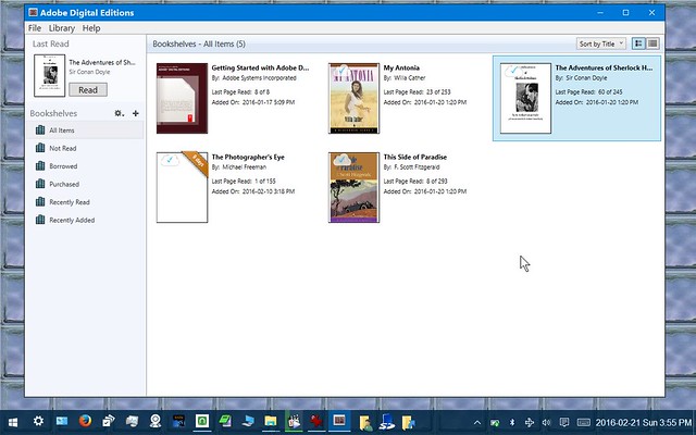 Vista de la biblioteca de Adobe Digital Editions en la tableta Windows 10