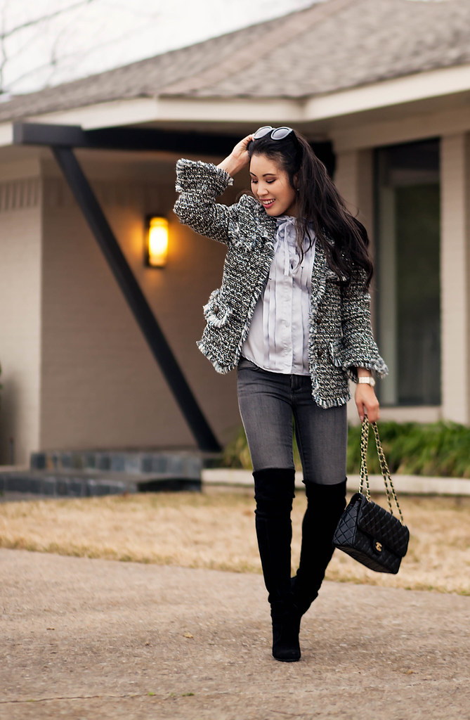 cute & little blog | petite fashion | silver fringe tweed jacket, serenity blue bow tuxedo blouse, gray jeans, stuart weitzman black highland boots | winter outfit