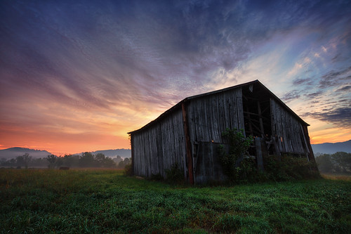 ranch wood old flowers trees foothills grass fog clouds barn sunrise landscape dawn us unitedstates tennessee structure historic valley dreamy hdr highdynamicrange smokymountains sevierville greatsmokymountainsnationalpark wearvalley