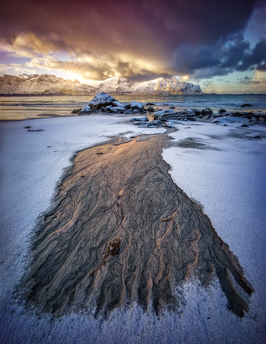 winter sunset snow seascape cold beach water norway sand arctic ultrawide lofoten goldenhour ramberg flakstadøya