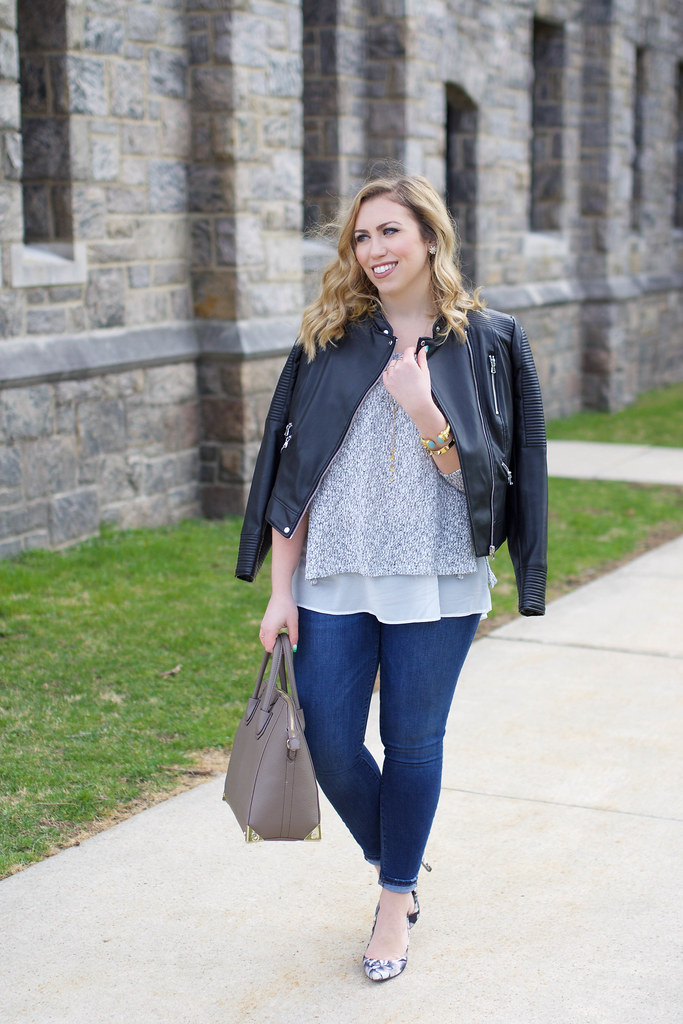 Casual Netural Spring Outfit | Zara Leather Jacket | Spring Gray Sweater | Joe's Skinny Jeans on Living After Midnite