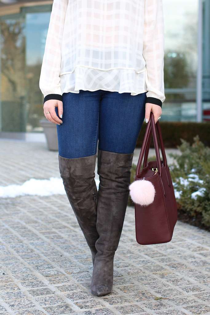 LOFT Sheer White Peplum Top | LOFT Skinny Jeans | Gray Suede OTK Boots | Dagne Dover Oxblood Work Tote | Spring Transistion Outfit