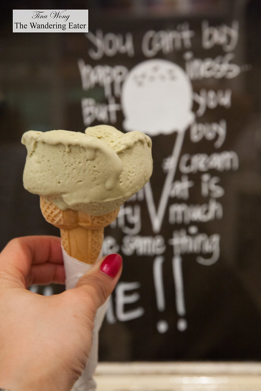 Pistachio gelato on a cone