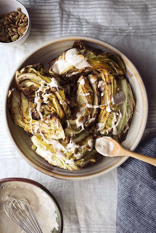 Roasted Cabbage Wedges with Garlic Tahini and Toasted Pepitas