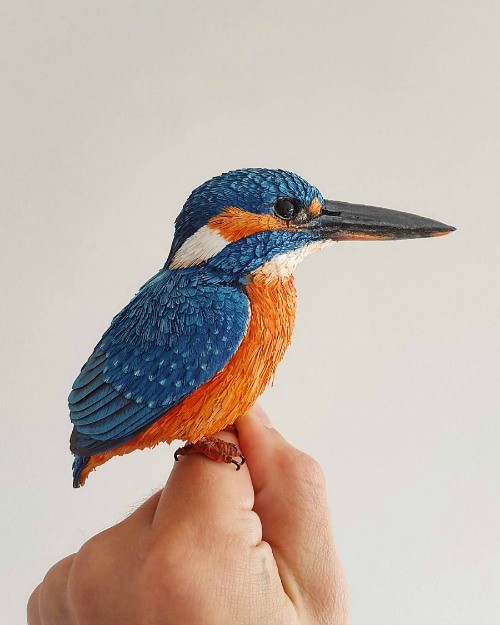 Realistic Common Kingfisher Paper Sculpture Made from Paper & Wood