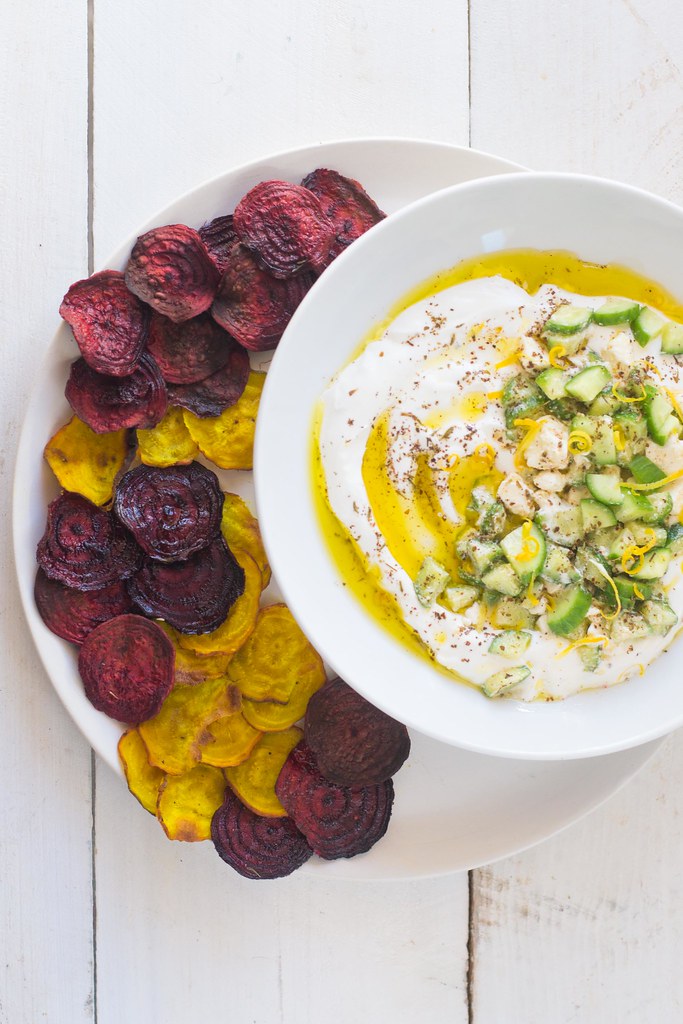 Baked Beet Chips with Labneh Dip
