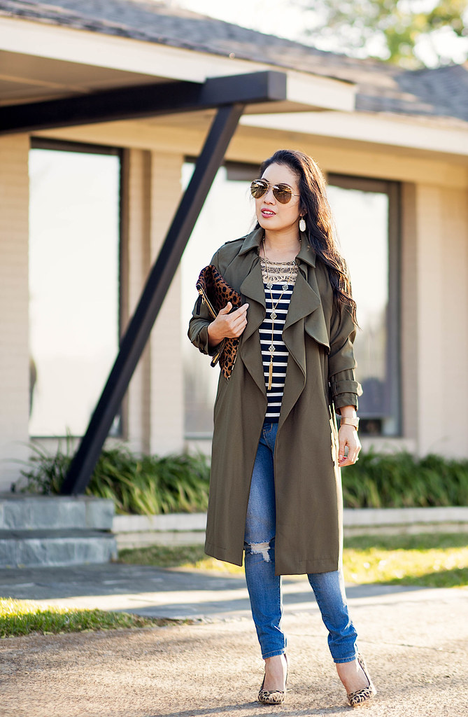 cute & little blog | petite fashion | drapey olive duster trench, striped lace top, ymijeans distressed jeans, leopard pumps, oversized ray ban aviators, leopard clutch | spring outfit